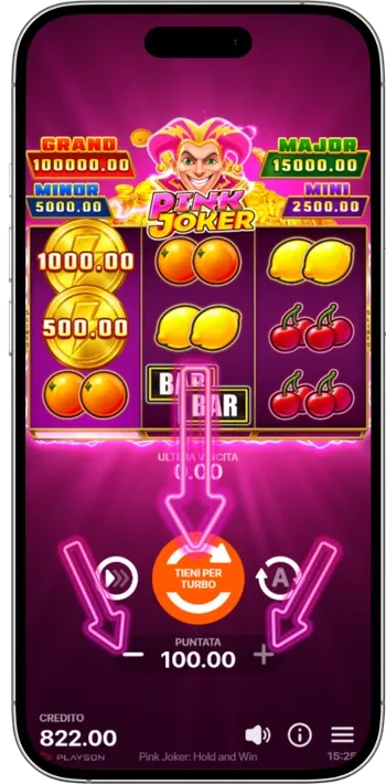 Pink Joker mobile screen at the top stake, with the jackpot panel scaled up and arrows on the bet and spin controls
