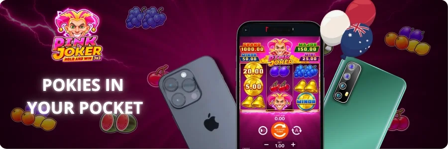 Pink Joker open in portrait mode on an iPhone and an Android phone lying next to a small Australian flag