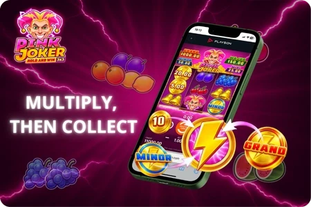 Pink Joker respin round with a multiplier badge on one coin cell and a lightning bolt waiting on the middle reel