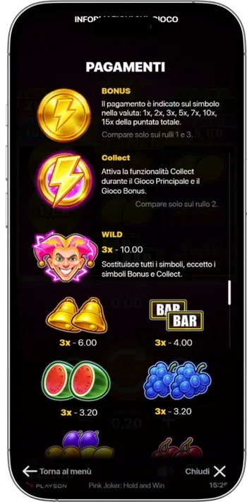 Pink Joker paytable on a phone listing the Bonus, Collect and Wild symbols above the fruit payouts