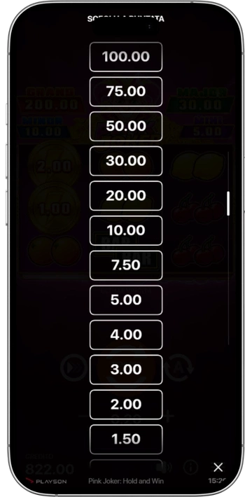Pink Joker stake menu open on a phone, with bet levels stacked in a scrollable list up to 100
